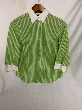 Lauren Ralph Lauren Shirt Petite Small PS Green White Stripe Contrast Collar Cot